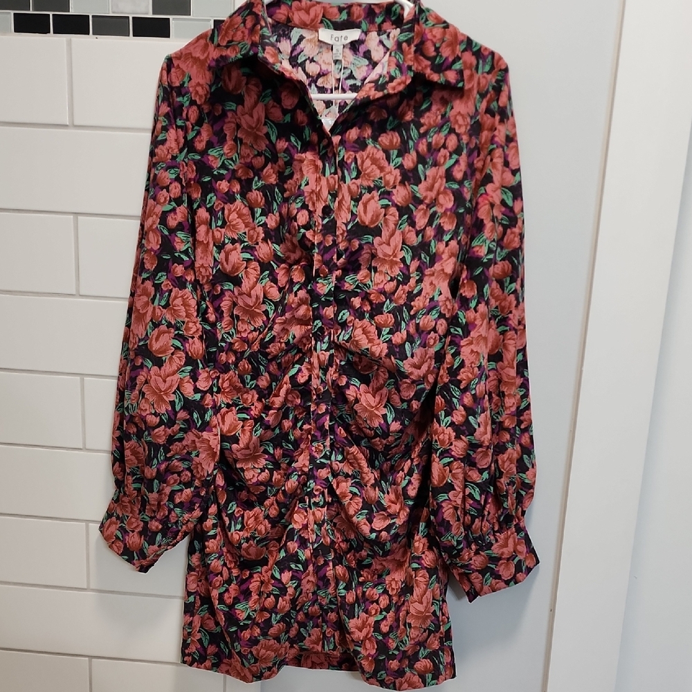 Fate Black Shirtdress with Coral Rose Print